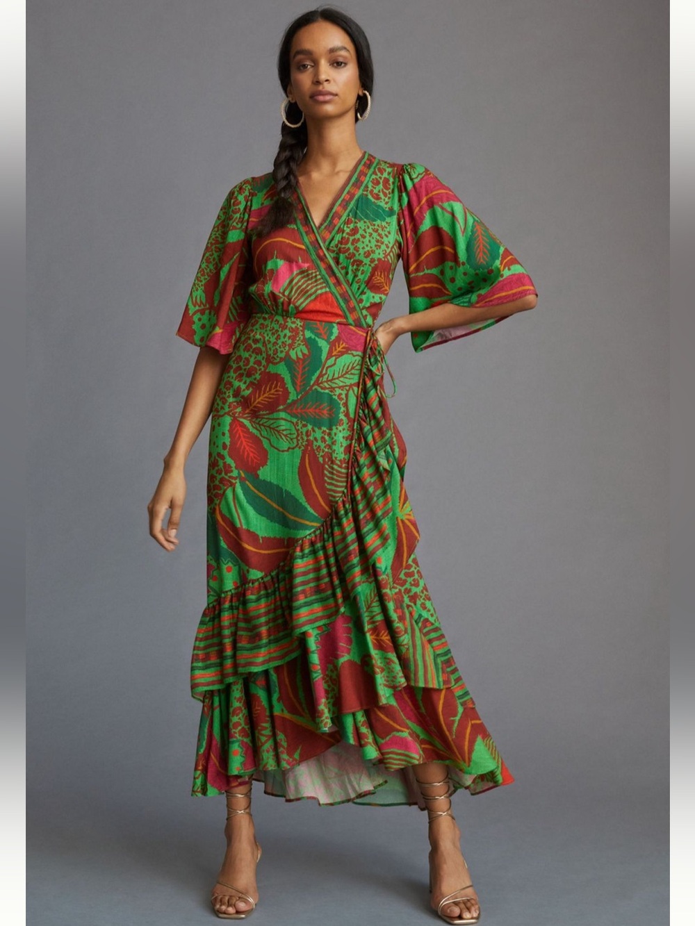 Farm Rio x Anthropologie Flutter Sleeve Wrap Maxi Dress Sz M Vacation Resort